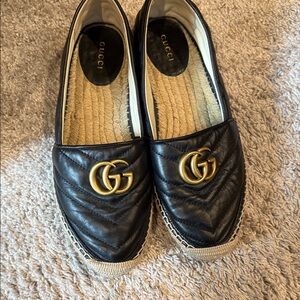 Gucci Black and Gold Espadrille Loafers